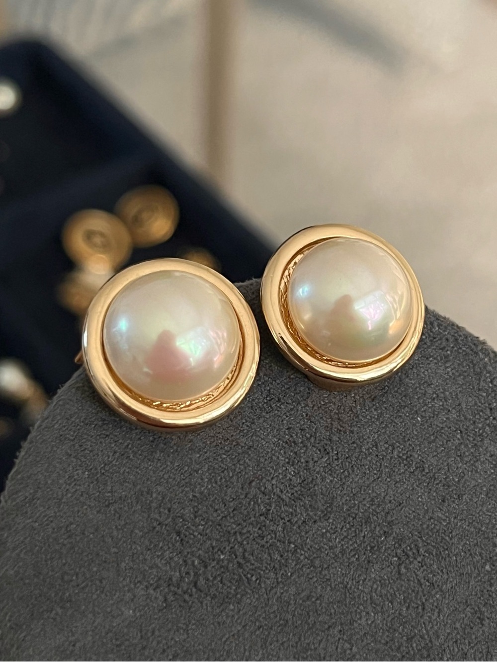 Authentic Vintage Dior Classic Round Pearl Cabochon Gold-Tone Clip-On Earrings